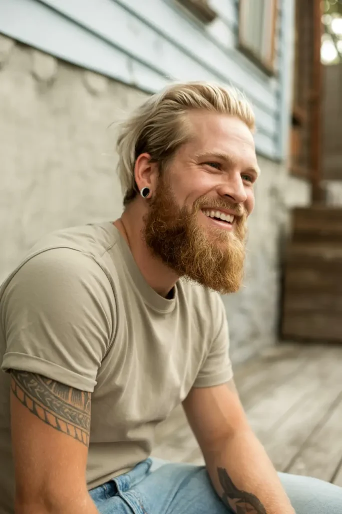 #1. Blonde Brushed Back Hair with Rustic Long Beard