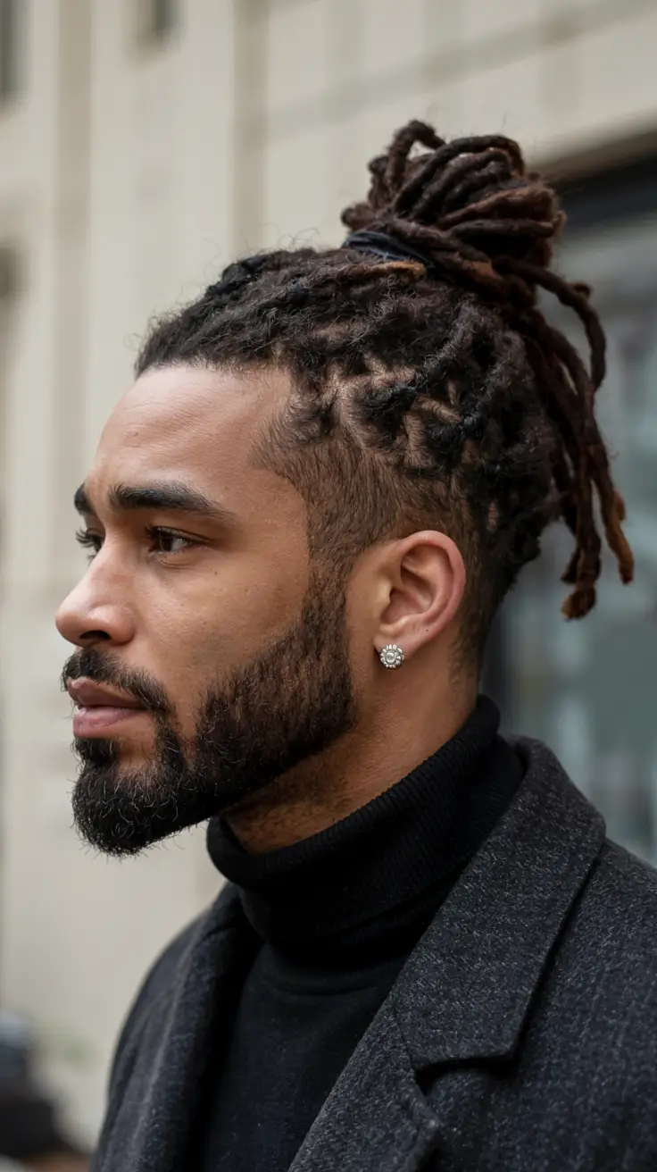 #1. High Bun with Defined Mini Twists and Taper Fade