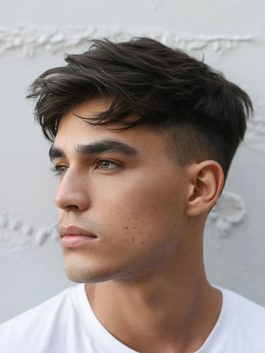 #1. Textured Fringe with Low Taper Fade