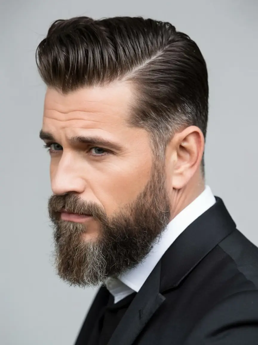 #10. Structured Slick-Back with Side Part and Full Beard
