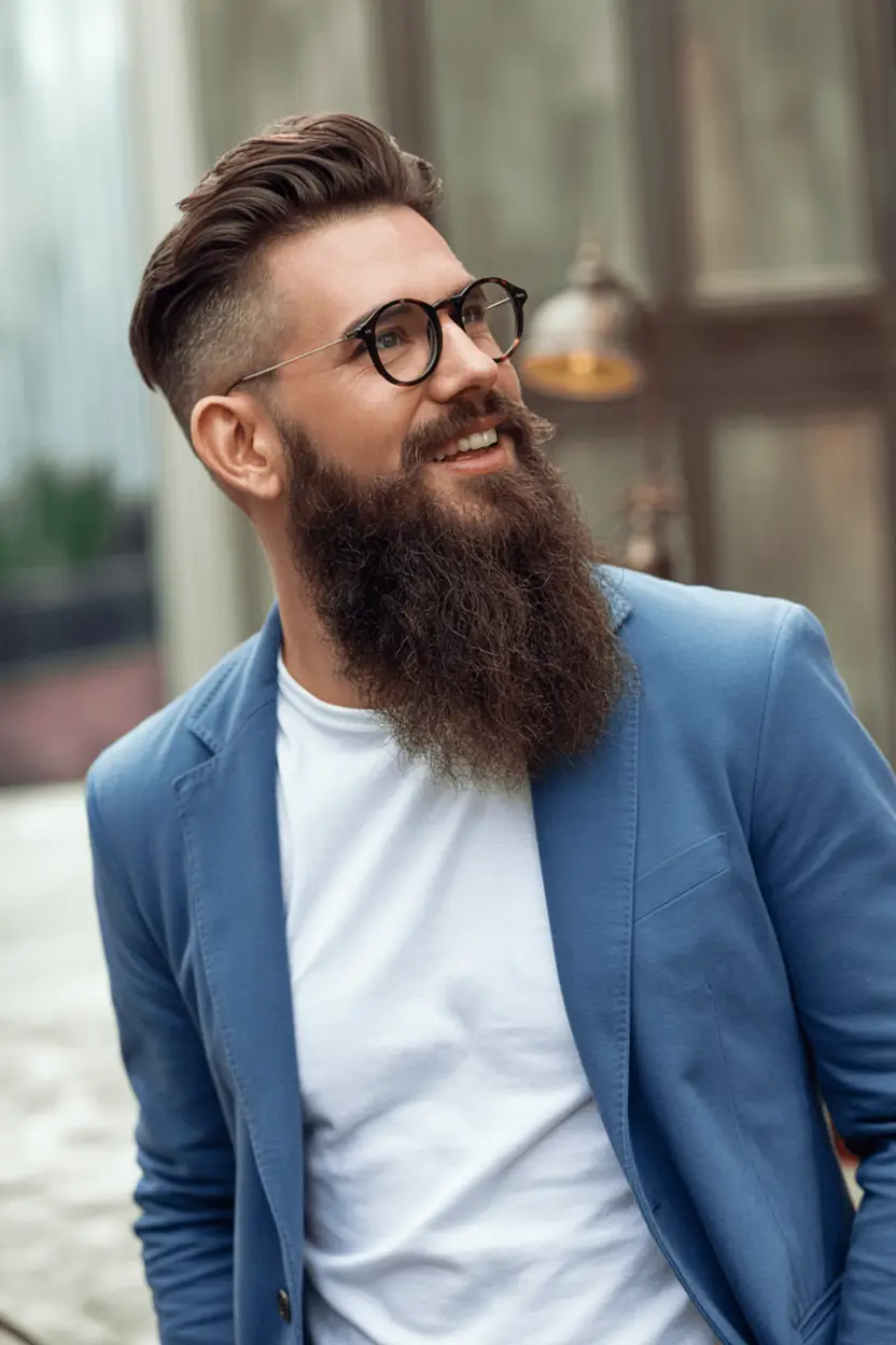 #11. Layered Pompadour with Bold Full Beard