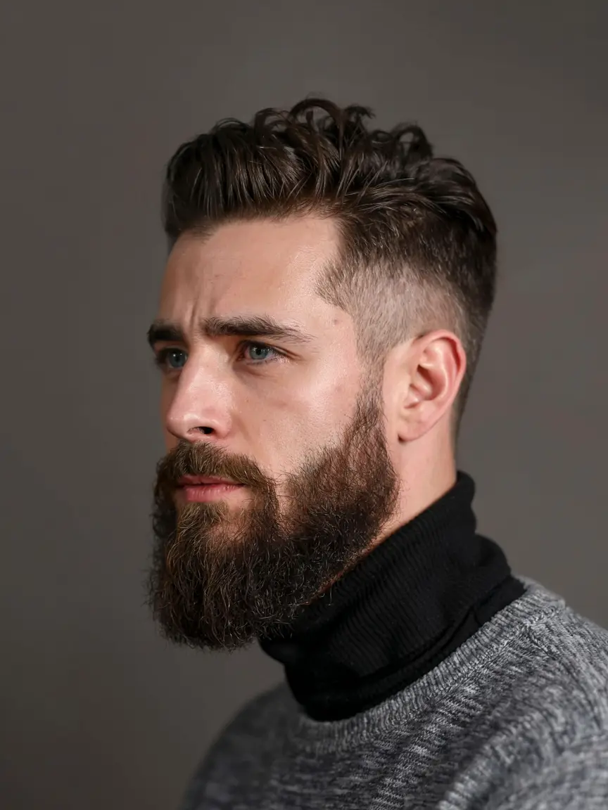 #11. Layered Quiff with Tapered Sides and Full Winter Beard