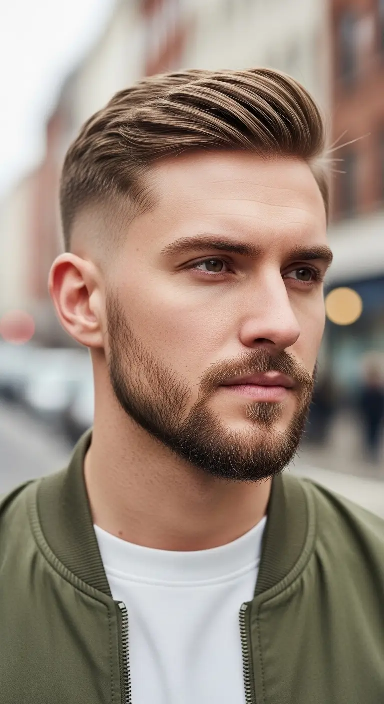 #11. Side Swept Fade with Sculpted Beard