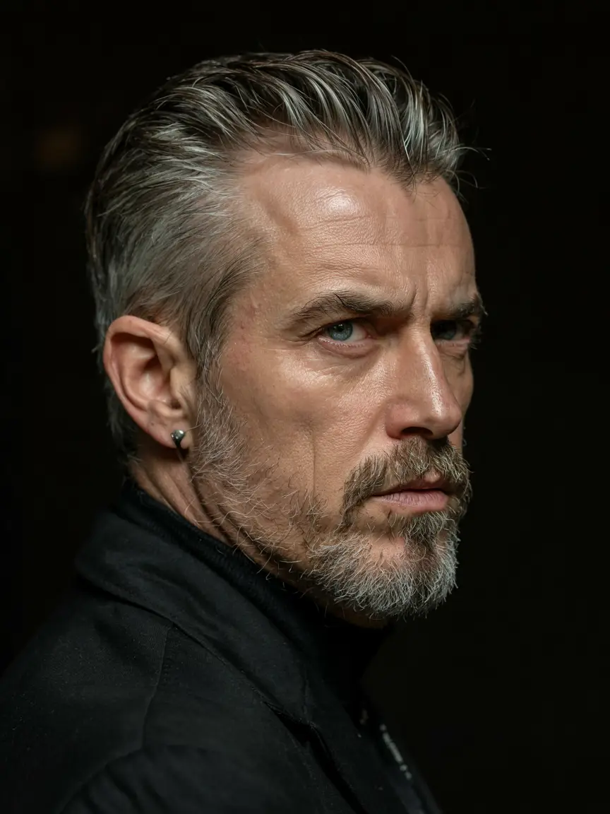 #11. Slicked-Back Taper with Weathered Beard