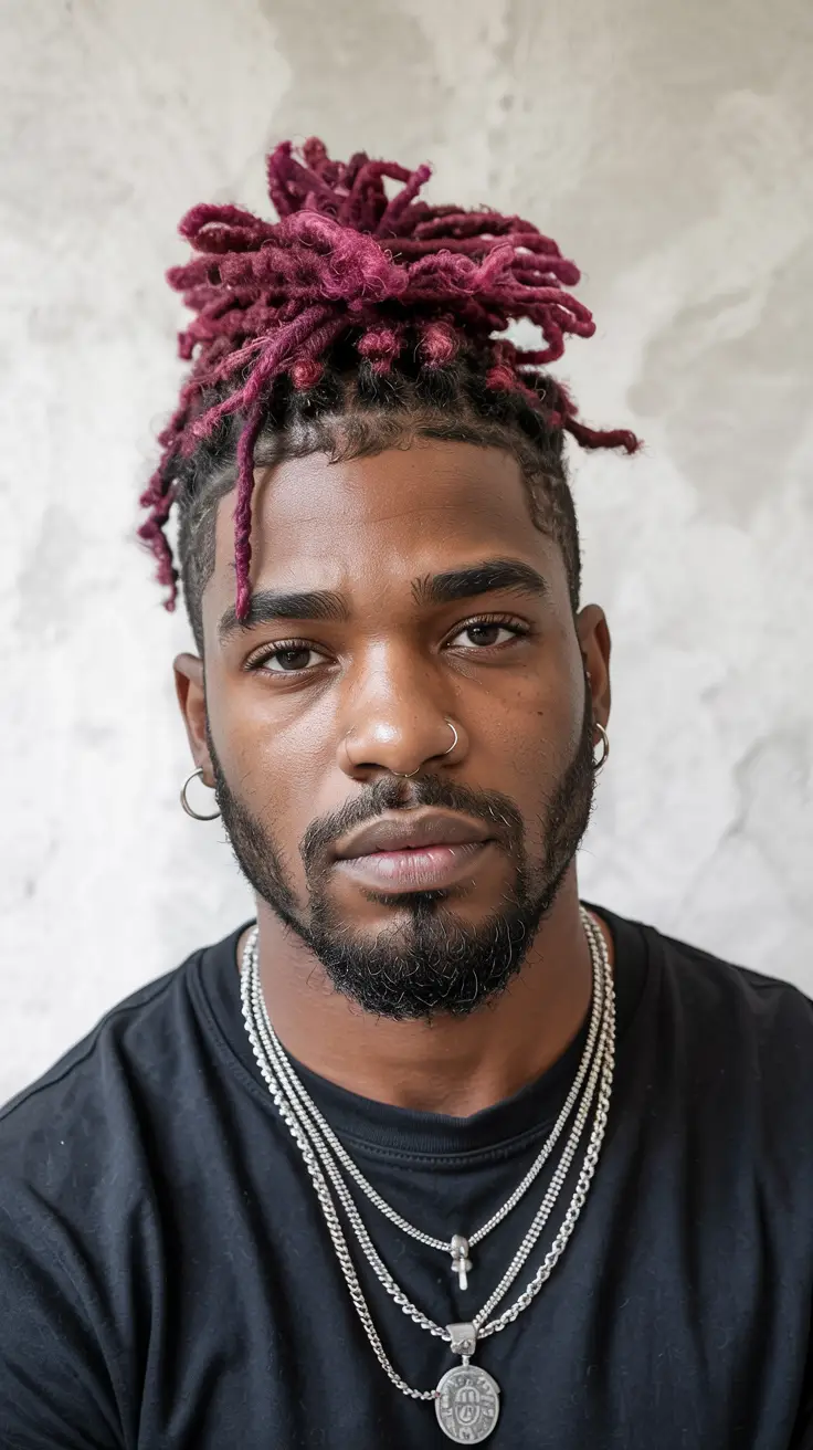 #12. Burgundy Twists Top Knot with Clean Fade