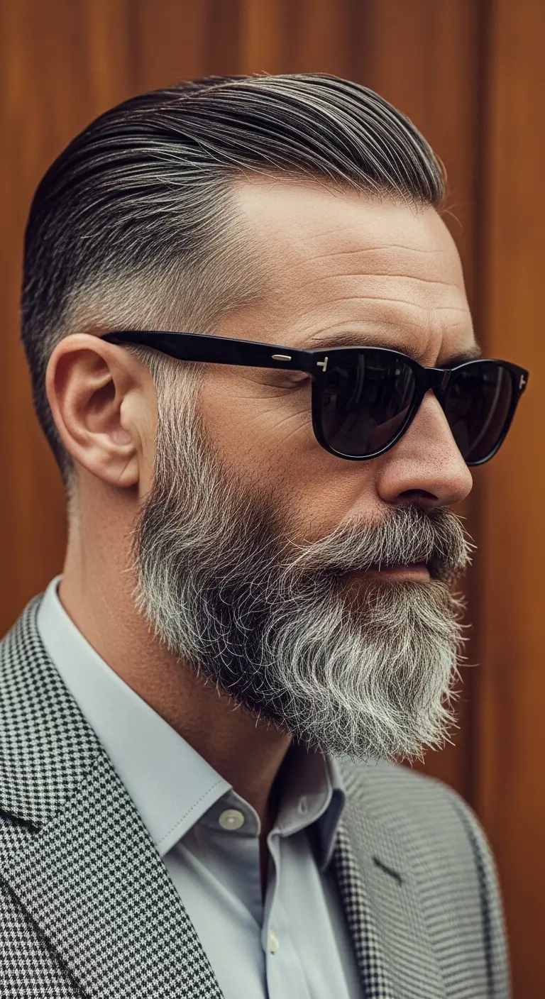 #12. Polished Slick Back with Salt-and-Pepper Beard