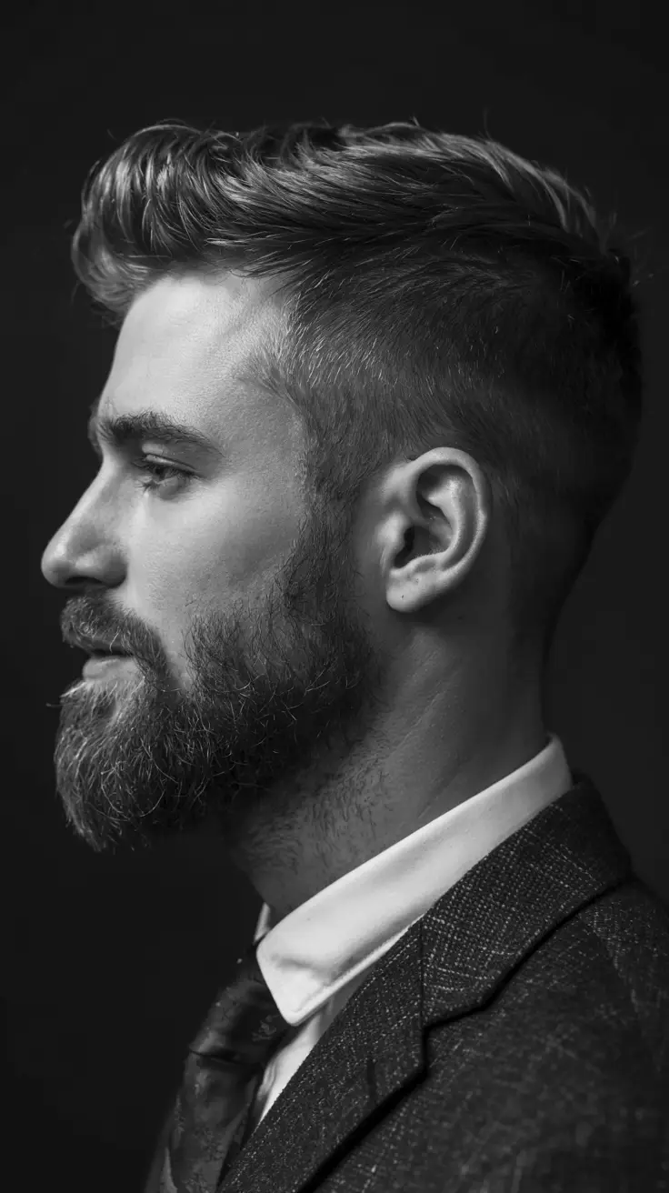 #12. Taper Fade Quiff with Full Beard Balance