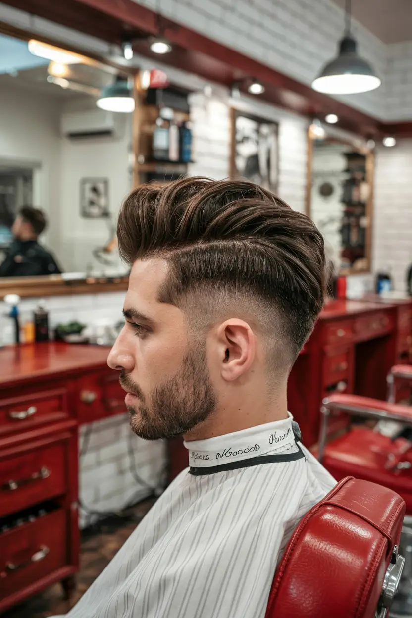 #13. Barbershop Hard-Part Quiff with Low Skin Fade