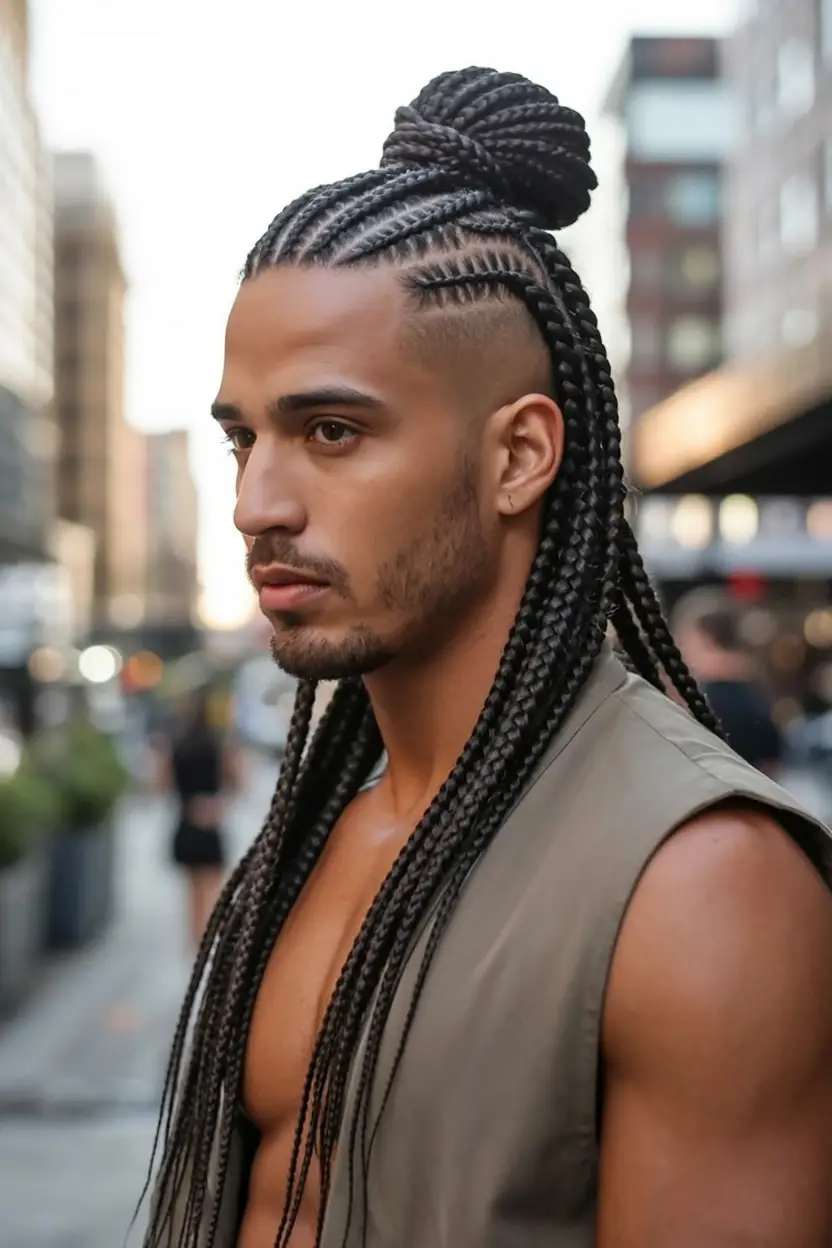 #13. Braided Man Bun with Long Drop Plaits