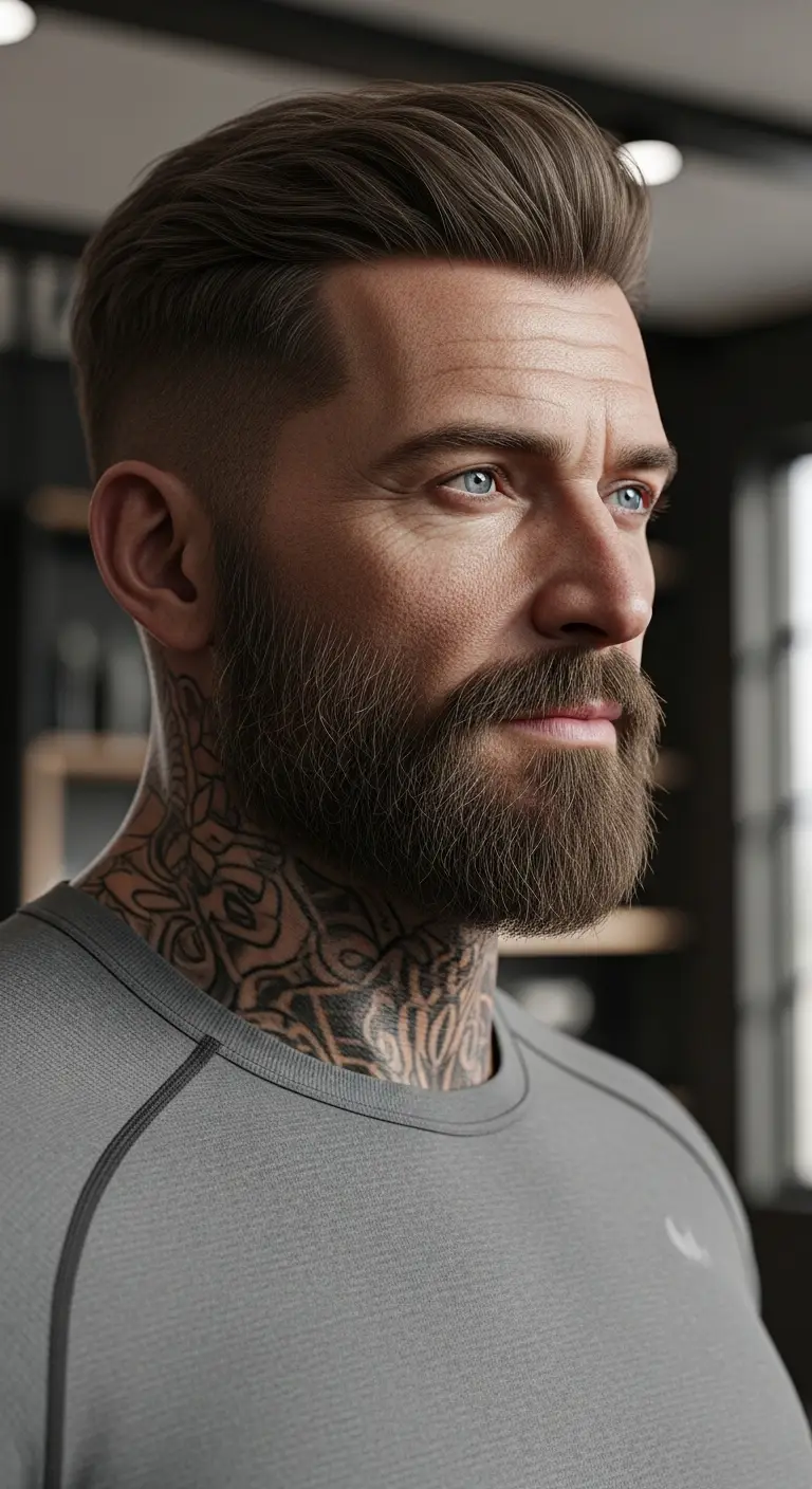 #13. Swept-Back Volume with Sharp Mid Fade and Beard