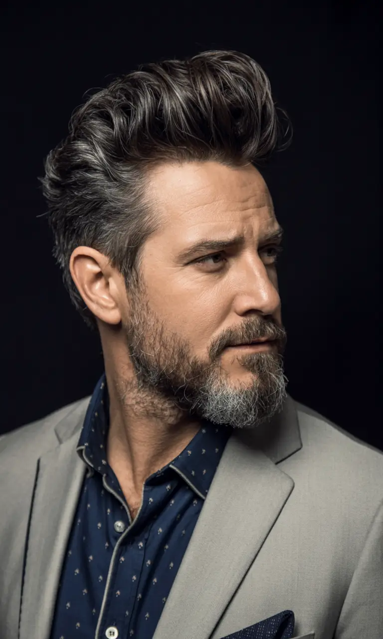 #13. Textured Quiff with Salted Contour Beard