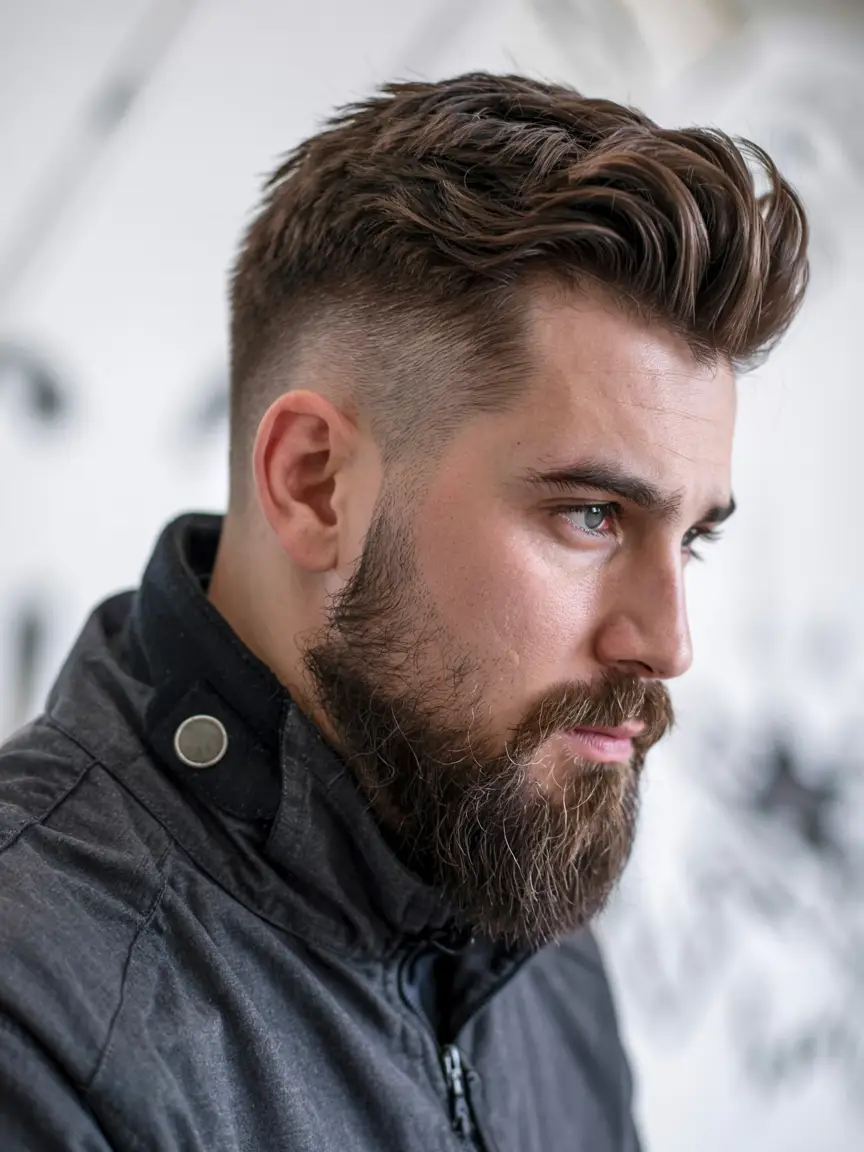 #13. Wavy Comb Over with Skin Fade and Tapered Beard