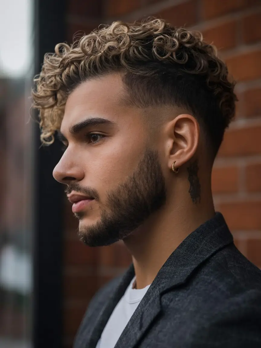 #14. Curly Undercut with Blonde Tips and Sharp Fade