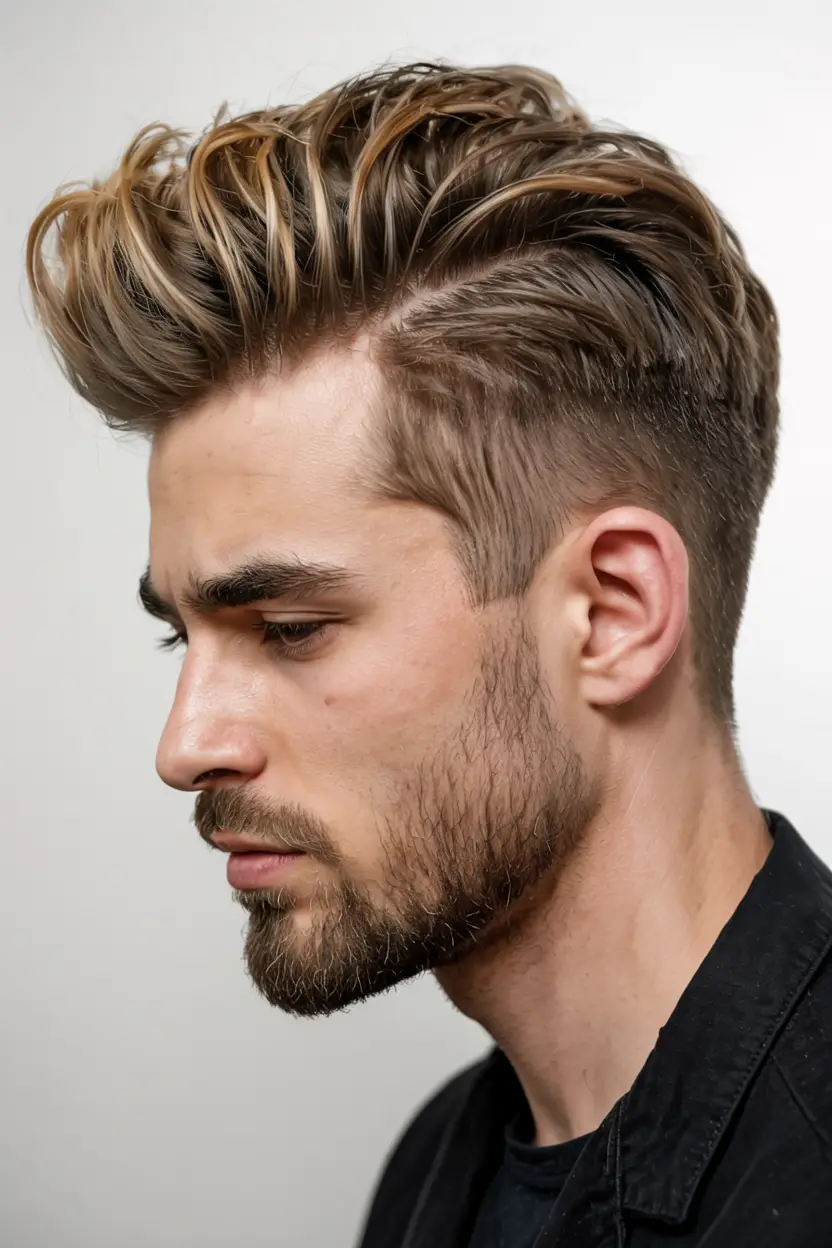 #14. Textured Highlight Quiff with Low Fade