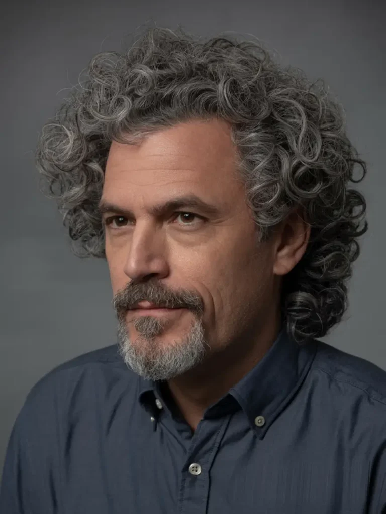 #14. Voluminous Gray Curls with Goatee