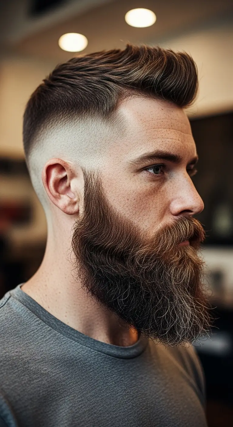 #15. Hard Contrast Mid Fade with Thick Beard Flow