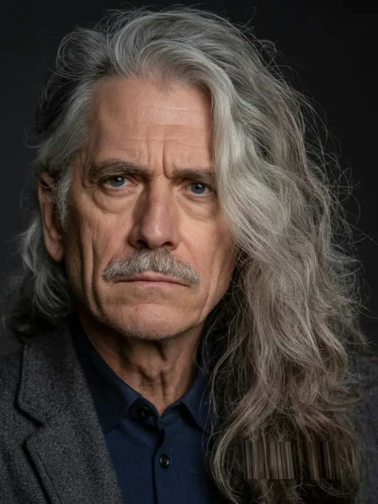 #16. Side-Swept Long Silver with Mustache
