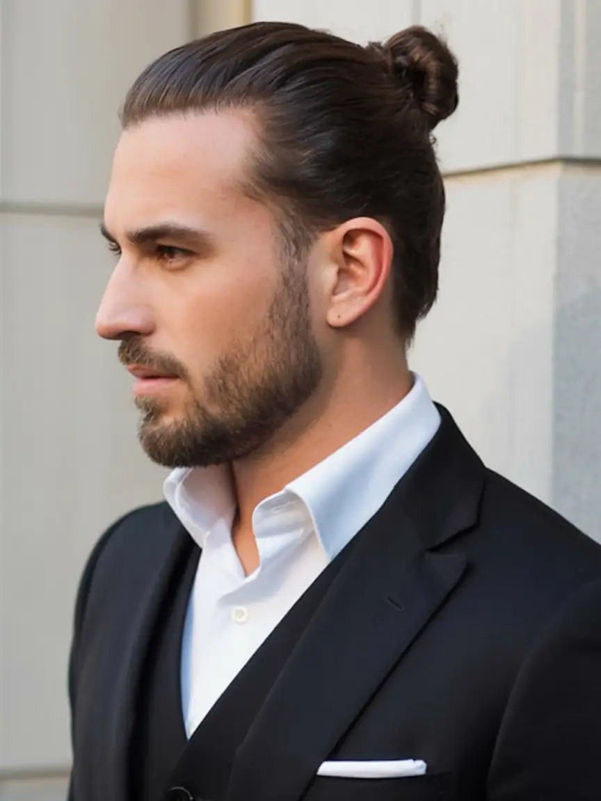 #16. Slicked-Back Man Bun with Tidy Beard