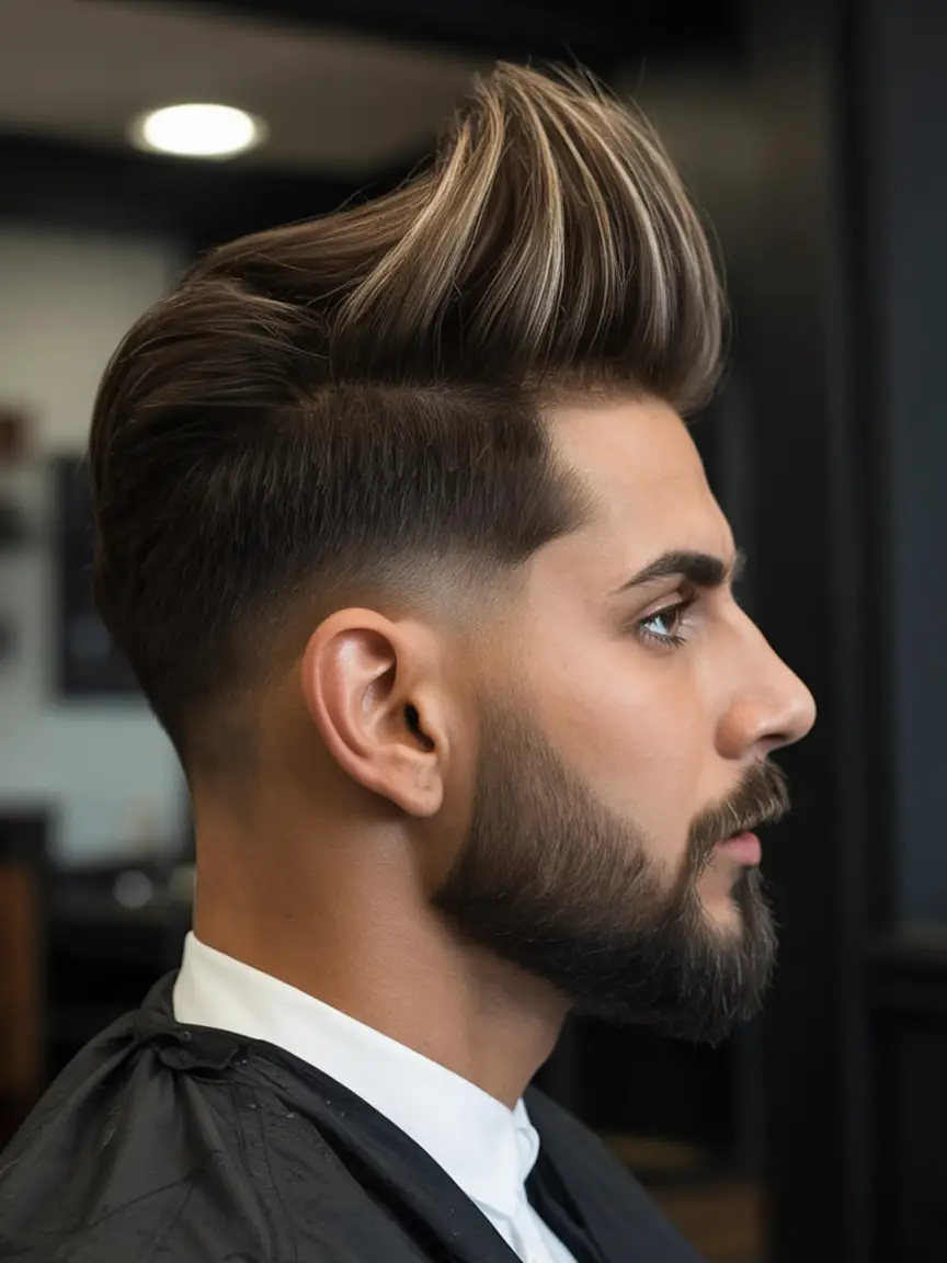 #16. Volcano Pompadour Undercut with Sharp Fade and Highlights