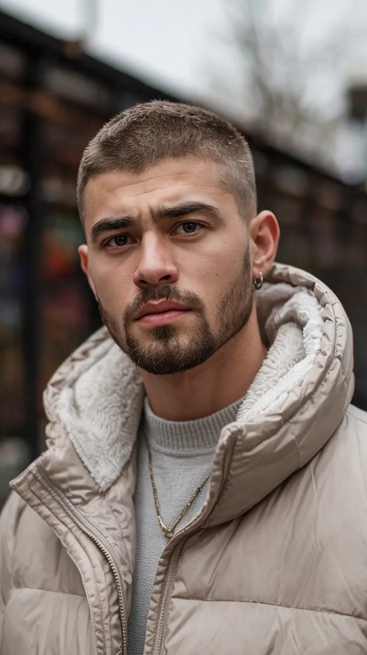 #17. Classic Buzz Cut with Faded Edges and Sharp Beard