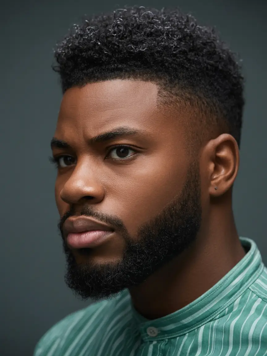 #17. Taper Fade with Tight Curls and Precision Beard
