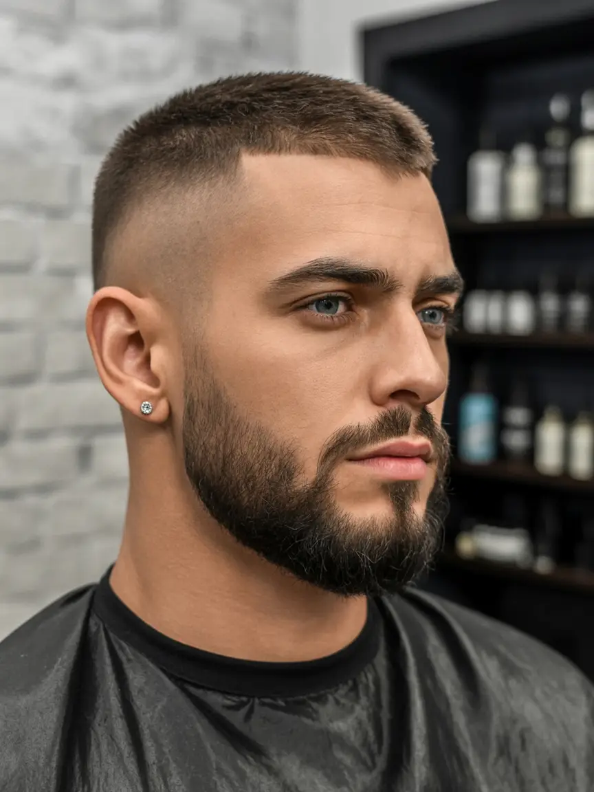 #18. Buzz Cut Taper Fade with Defined Beard Edge