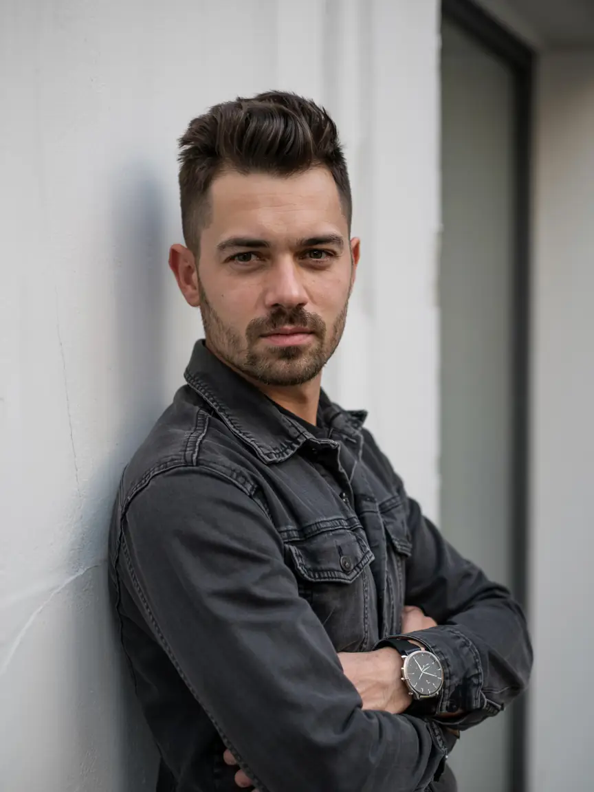 #18. Structured Pompadour with Tight Sides and Light Stubble