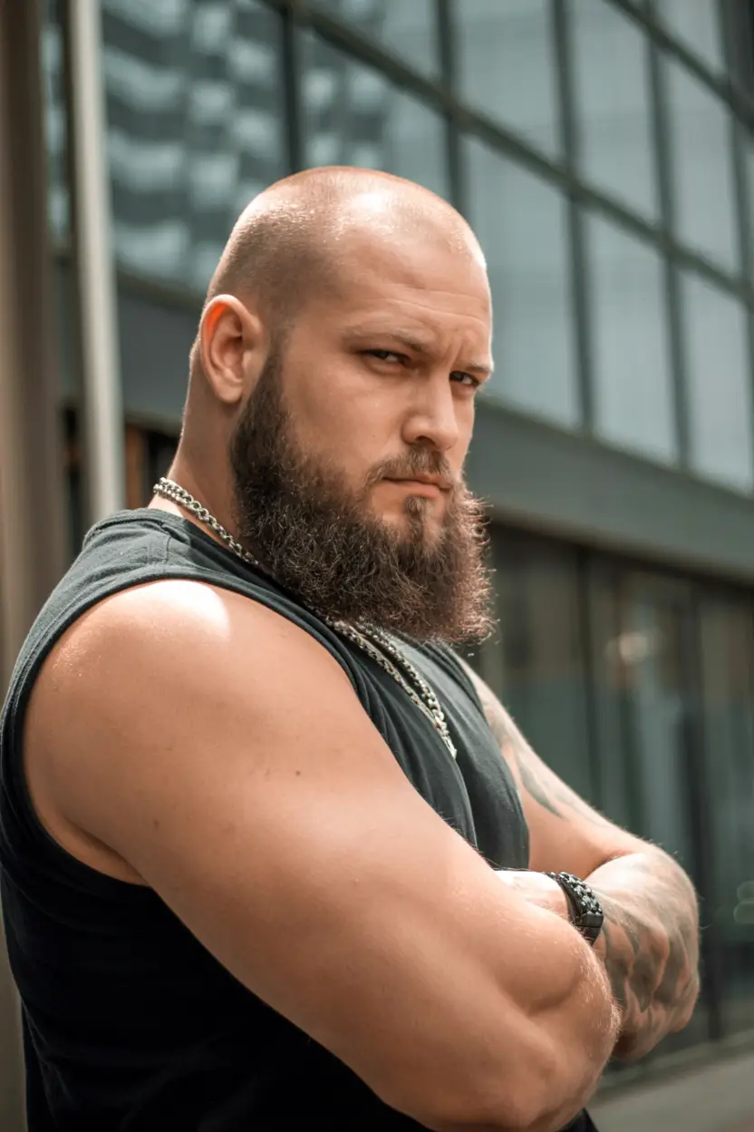 #19. Bald Power Beard with Tough Fade