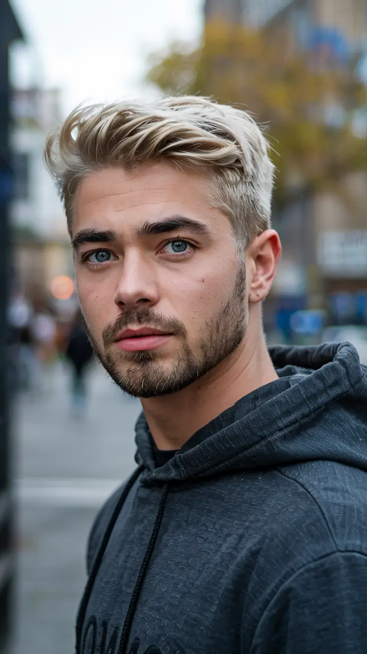 #19. Bleached Textured Fringe with Taper Fade and Soft Beard