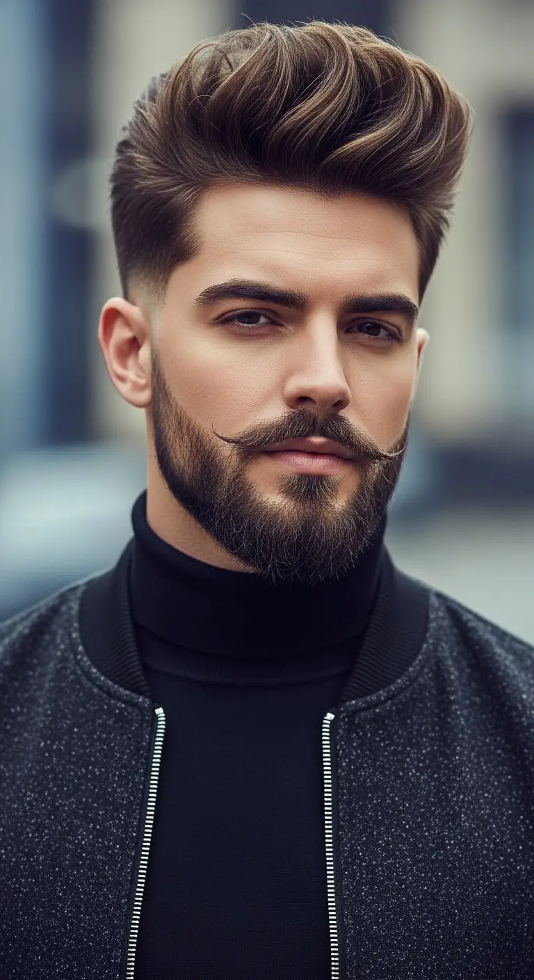 #19. High-Volume Pompadour with Styled Beard and Mustache
