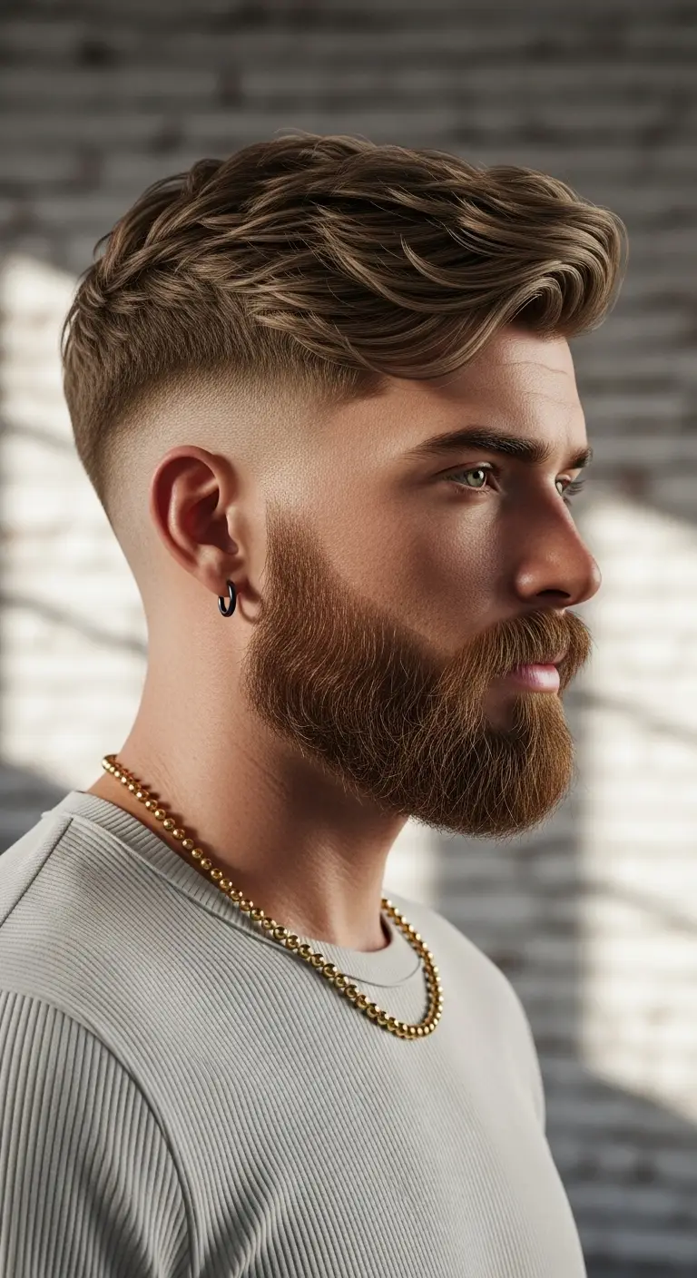 #2. Wavy Side Sweep with Mid Fade and Full Beard