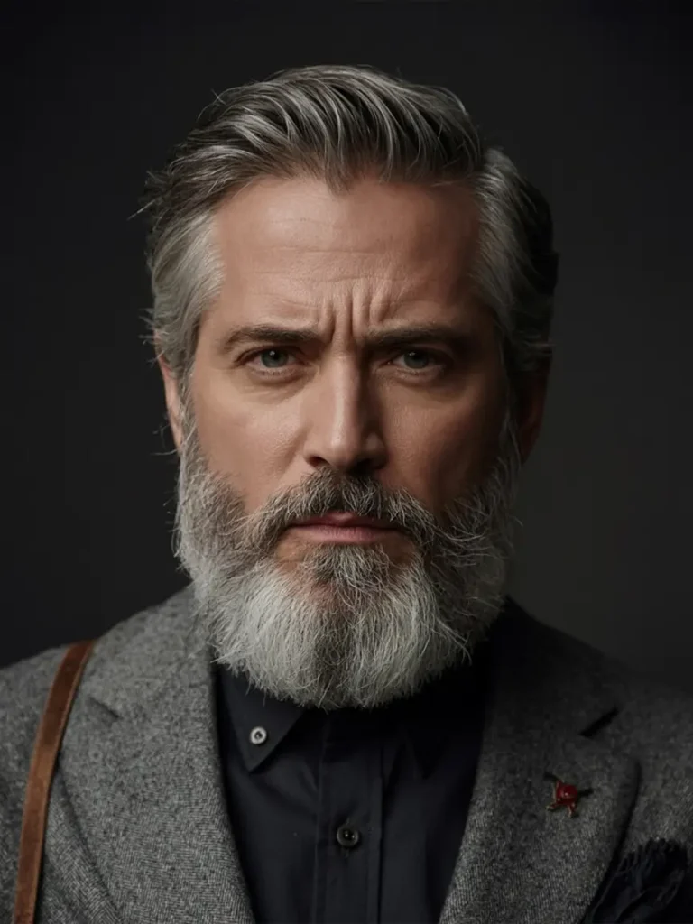 #20. Side Part with Full Silver Beard