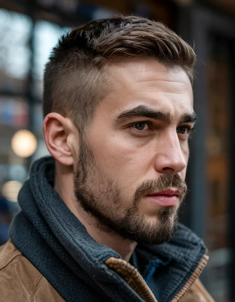 #3. Classic Crew Cut with Mid Fade and Defined Beard