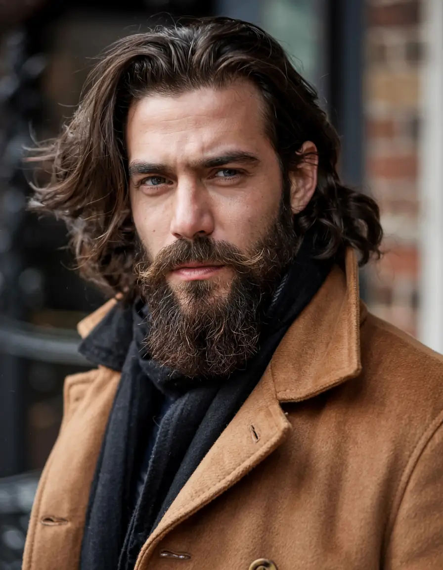 #3. Wavy Shoulder-Length with Sculpted Beard