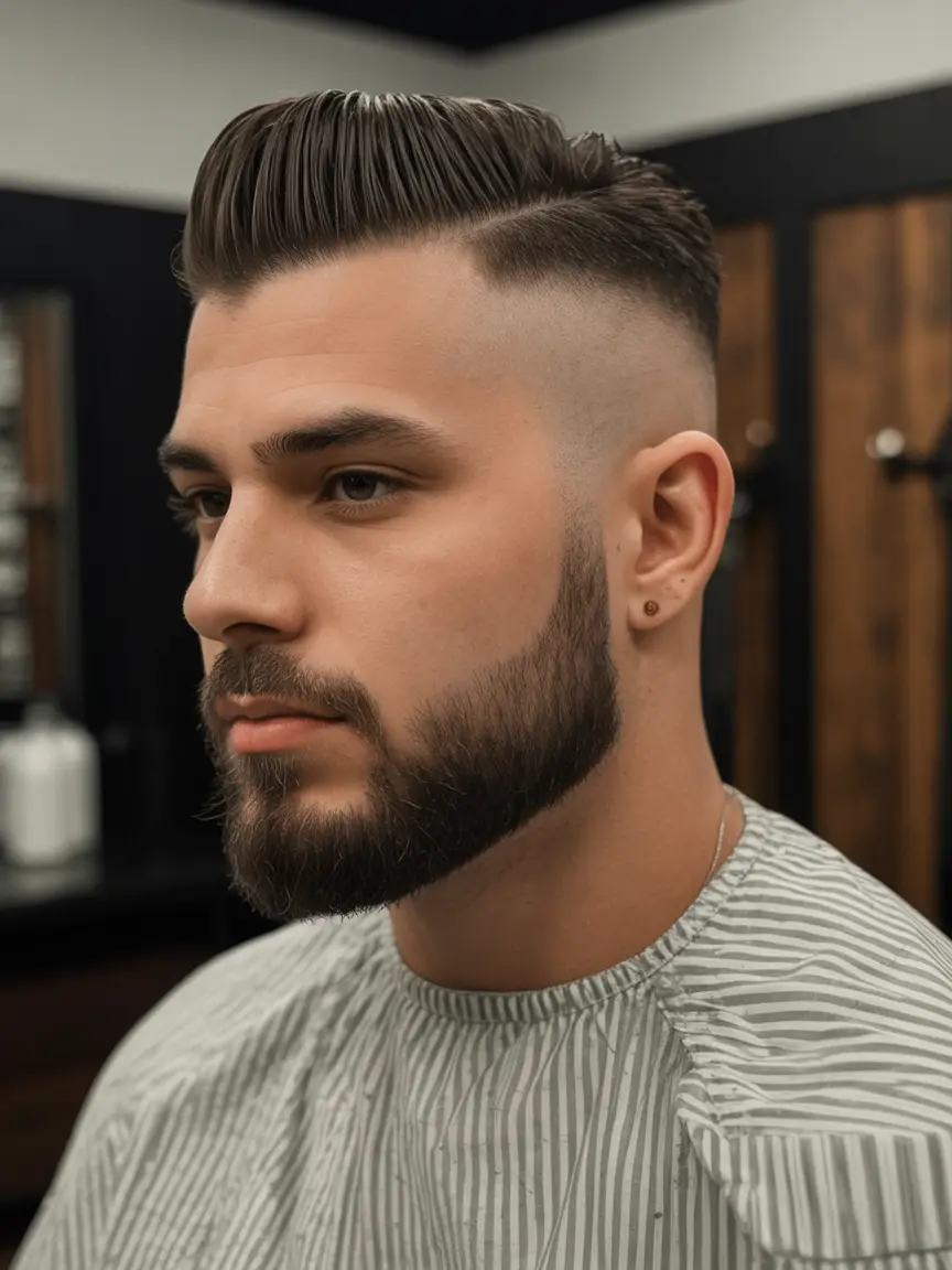#4. Sleek Hard Part Taper Fade with Sculpted Beard