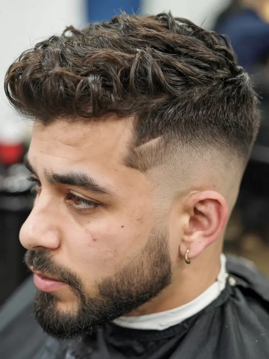 #5. Curly High Fade with Hard Part Detail