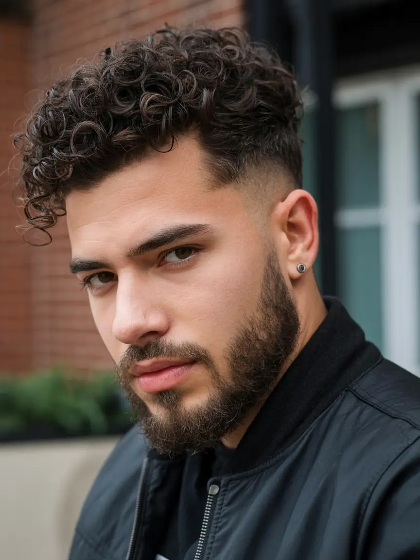 #5. Taper Fade with Natural Curls and Rugged Beard