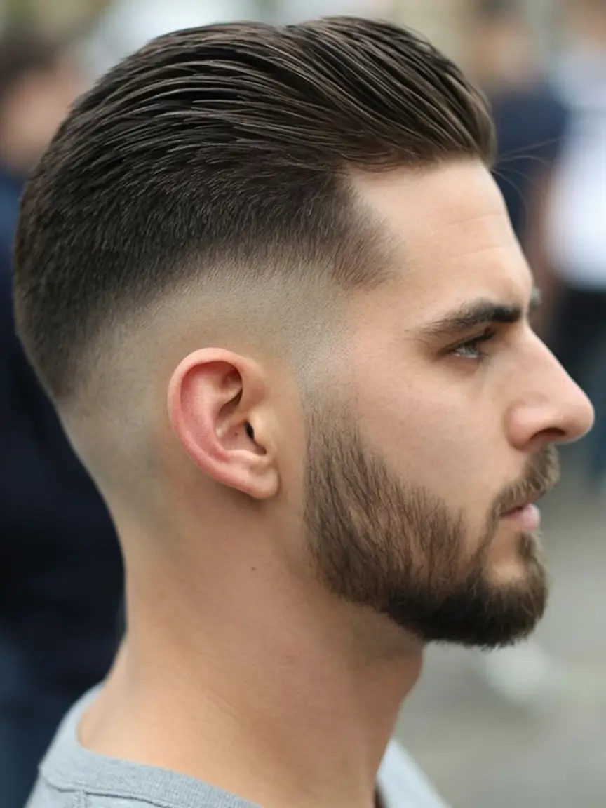 #6. High Fade Slick-Back with Clean Beard Blend
