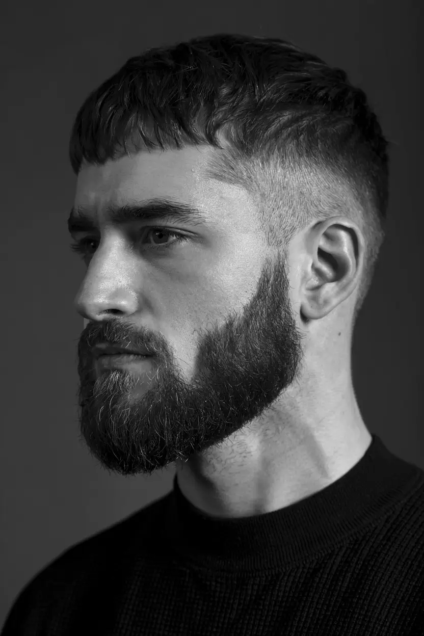 #7. Blunt Fringe French Crop with Sculpted Beard