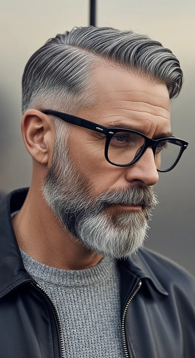 #7. Side Part with Taper Fade and Silver Beard