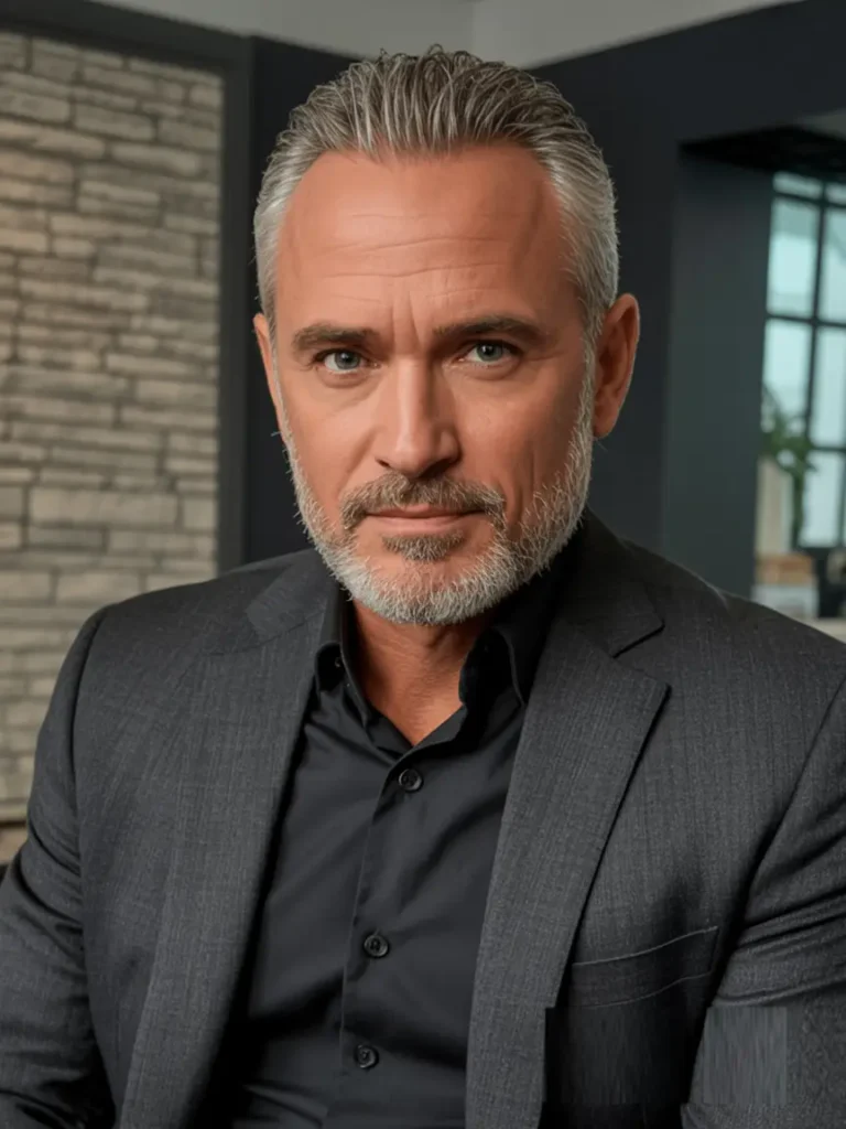 #7. Slicked-Back Silver with Defined Beard