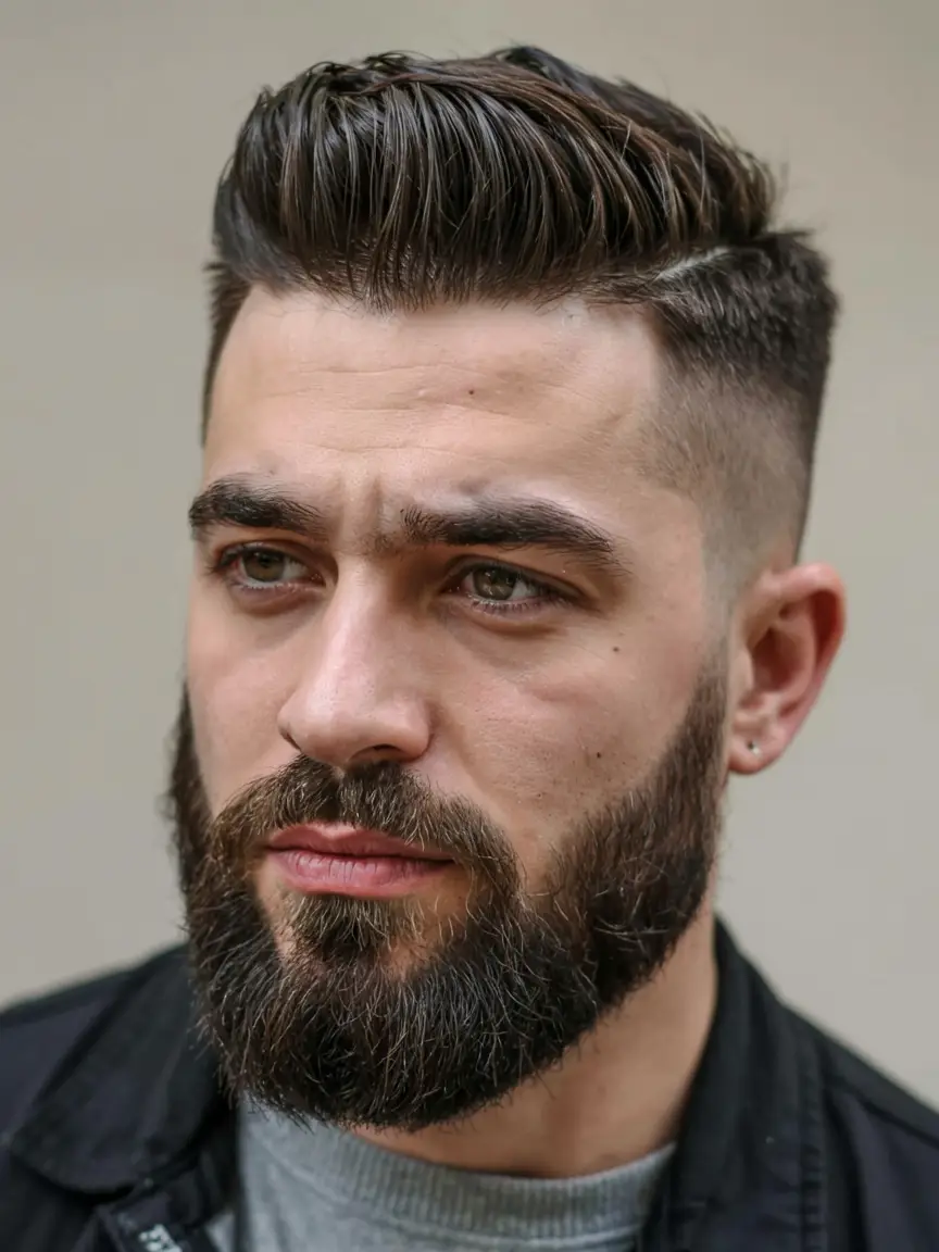 #7. Structured Pompadour with Skin Fade and Full Beard