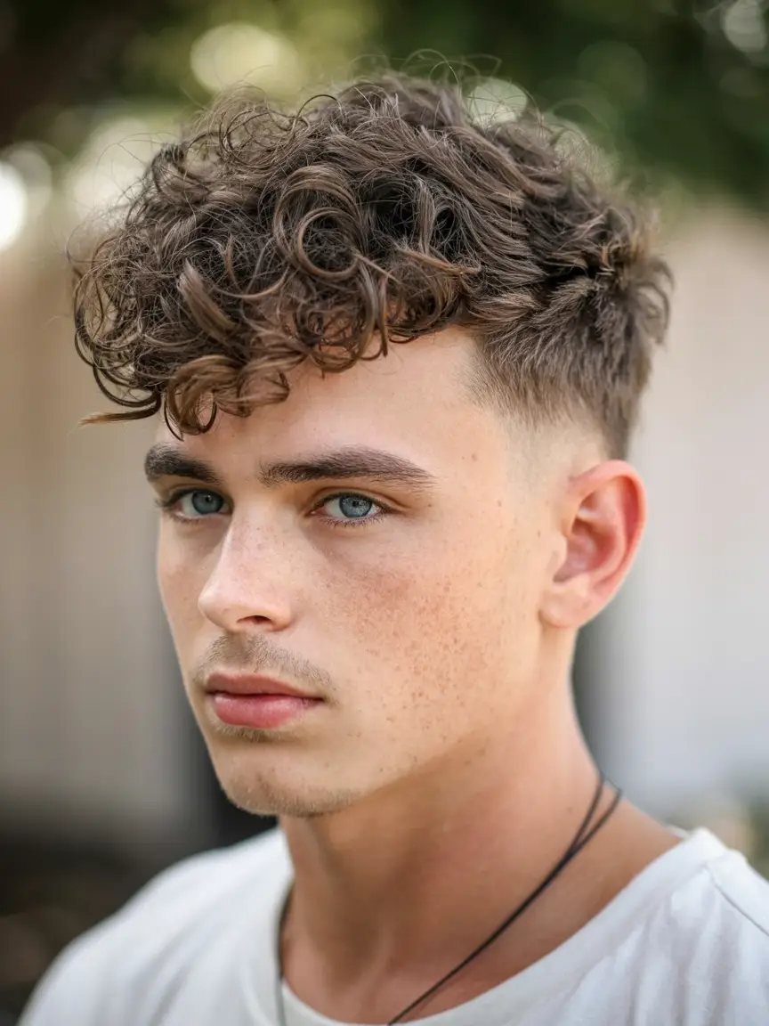 #8. Curly Fringe with Taper Fade