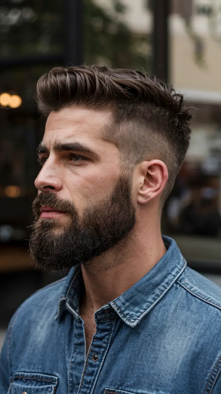 #8. Rugged Quiff with High Skin Fade and Full Beard