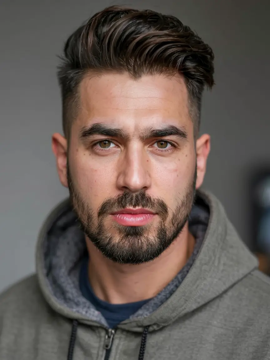 #9. Side-Swept Volume with Mid Fade and Shadow Beard