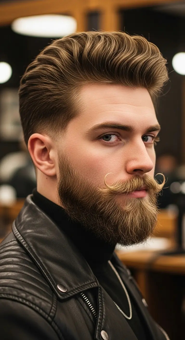 #9. Vintage Pompadour with Mid Fade and Handlebar Beard