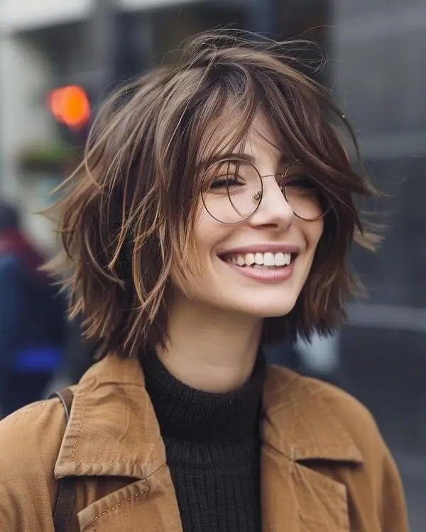 11. Textured Shaggy Bob with Wispy Fringe