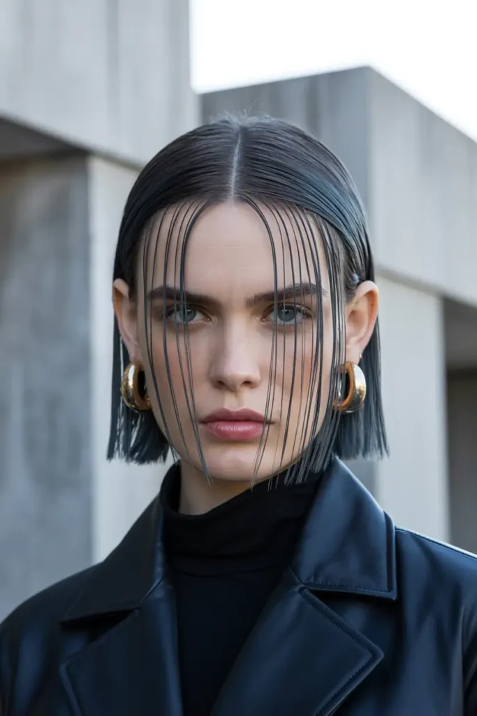 13. Wet-Look String Bang Bob