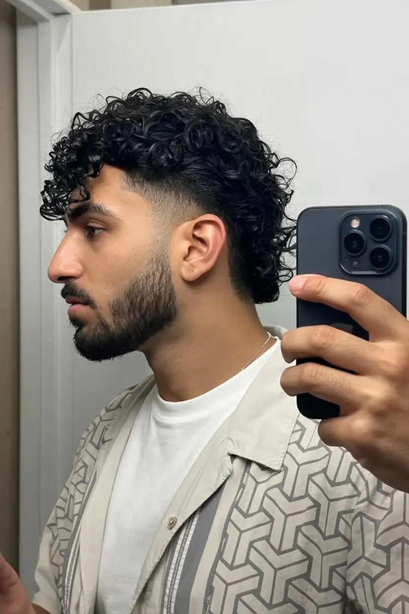 #14. Curly Drop Fade Mullet with Defined Beard Line
