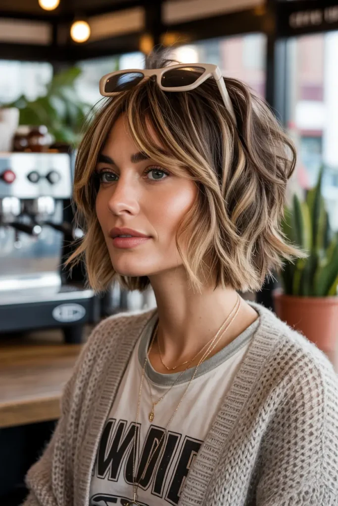 14. Tousled Blonde Balayage Bob with Curtain Bangs